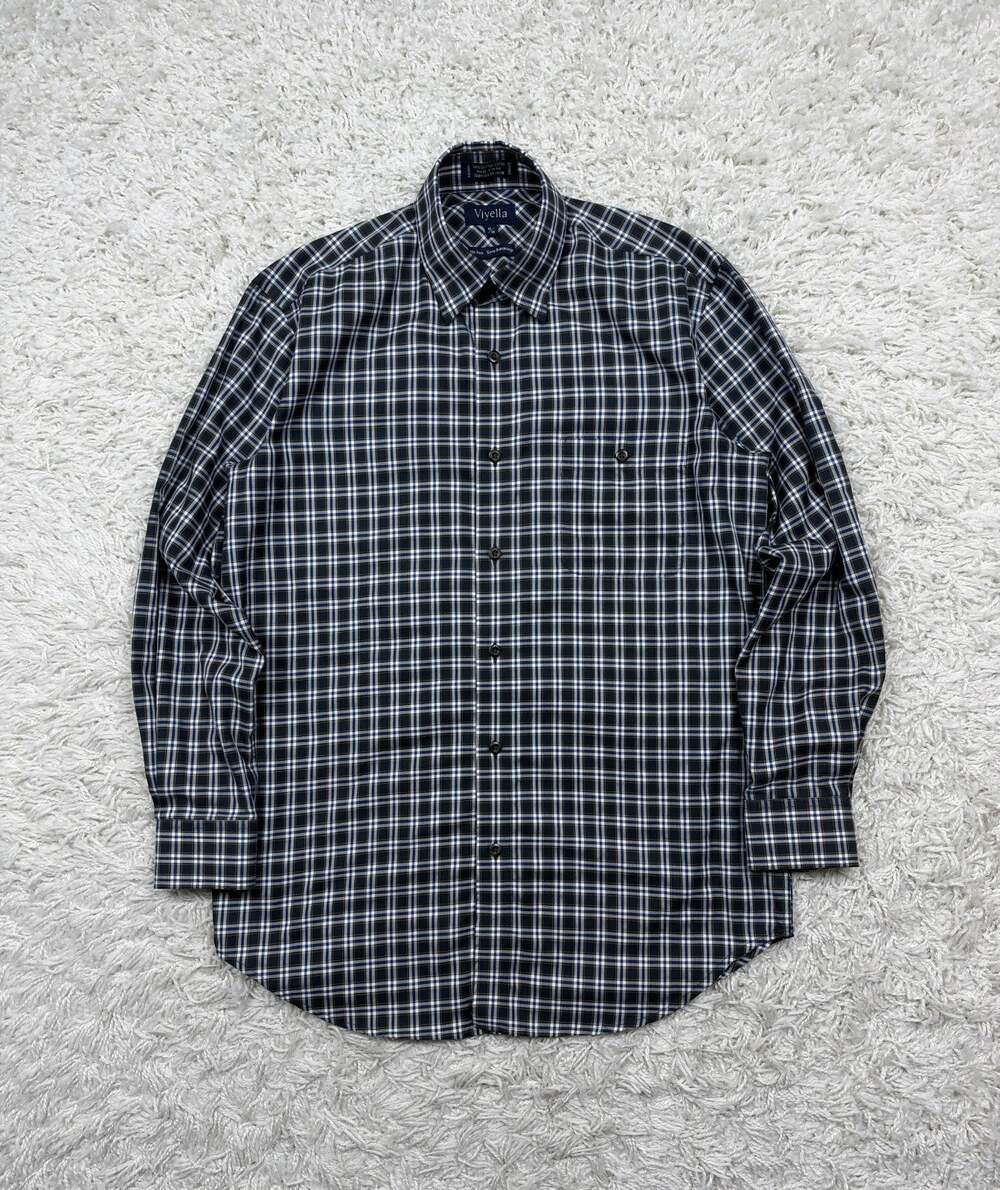 Viyella No Iron Button Up Shirt Mens Medium Black Blue Plaid Check Cotton Twill